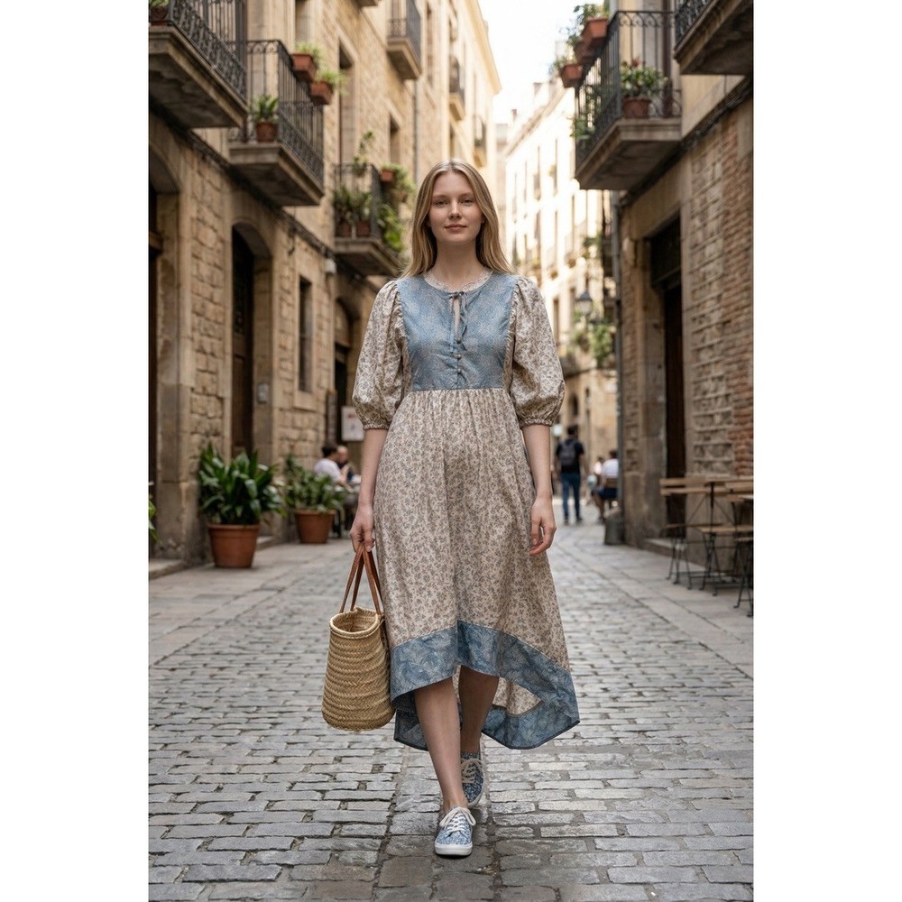 "Talulah" Women Blue Cream Floral Mixed Print Puff Sleeve High Low‎ Midi Dress L
